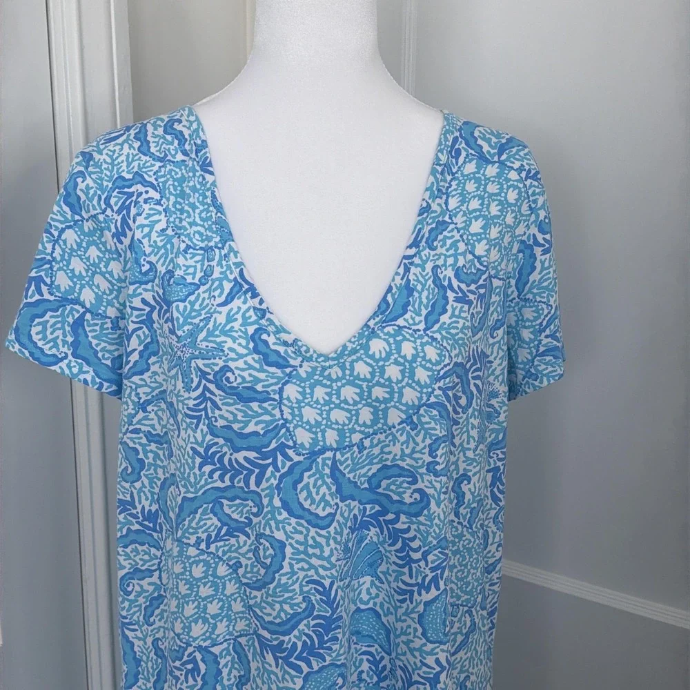 Lilly Pulitzer Dress Etta V-Neck Blue Goombay Grooves Pima Cotton Resort Beach - Picture 8 of 12